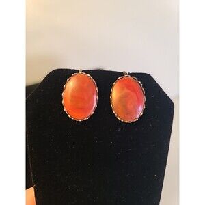 Vintage Silver Tone Coral Marble Clip On  Earrings Stunning